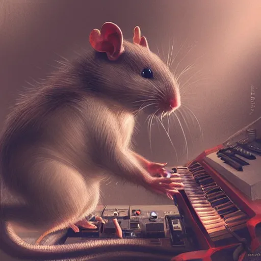 Image similar to a rat cyborg playing with a tb-303 synthesizer, by ruan jia