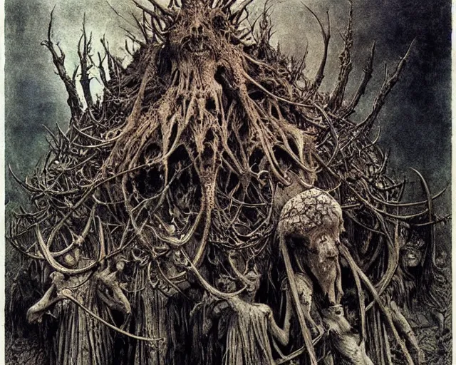 Prompt: Ancient cultic ritual totem made of horns and thorns by Beksinski, Arthur Rackham, Eugene de Blaas, Dariusz Zawadzki, Wayne Barlowe