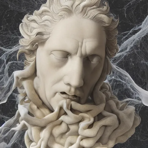 Prompt: realistic digital painting of a stunning intricate cracked white marble falling angel with face of an old piero angela bernini sculpture, trailing white vapor, mycelium stands and misty xparticles neutral tone background, trending on artstation, hyperrealism, matte painting, subsurface scattering
