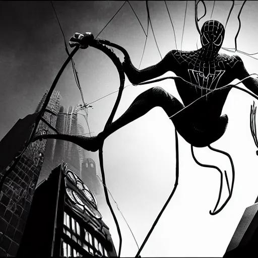 Prompt: SpiderMan vs. Doctor Octopus in Sin City movie, incredibly detailed, photorealistic, black and white, cinematic lighting, trending on artstation, 4k, hyperrealistic