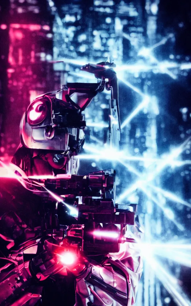 Image similar to Cybernetic Pope shooting bright cross shaped lasers, 80s, science fiction, cyberpunk, neon, low angle shot, cross, pope, movie poster, futuristic