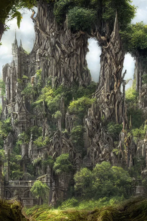 Image similar to gigantic castle, adorned pillars, towers, gnarly trees, lush vegetation, forrest, landscape, alex ross, neal Adams, david finch, concept art, matte painting, highly detailed, rule of thirds, dynamic lighting, cinematic, detailed, denoised, centerd