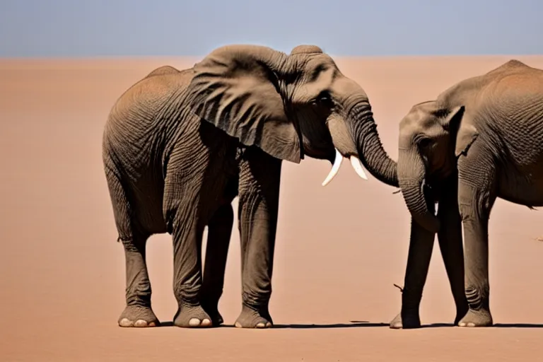 Image similar to an elephant having a conversation with a girrafe, sahara desert
