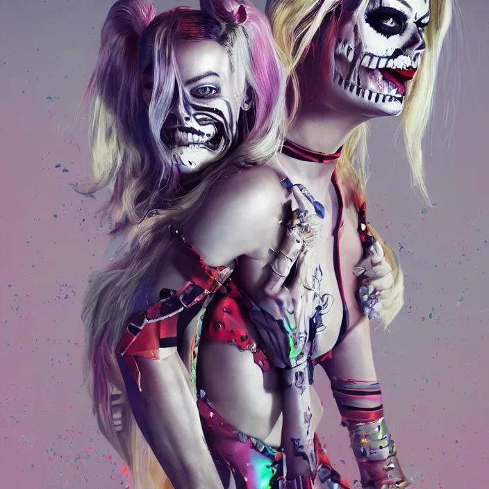 Prompt: portrait of Margot Robbie as a skeleton harley quinn. intricate abstract. intricate artwork. by Tooth Wu, wlop, beeple, dan mumford. octane render, trending on artstation, greg rutkowski very coherent symmetrical artwork. cinematic, hyper realism, high detail, octane render, 8k, iridescent accents