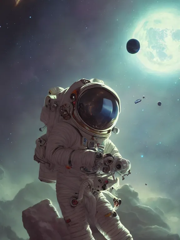 Prompt: photo of 8k ultra realistic astronaut floating in space, dark, stars, full of colour, cinematic lighting, battered, trending on artstation, 4k, hyperrealistic, focused, extreme details,unreal engine 5, cinematic, masterpiece, art by Peter Mohrbacher