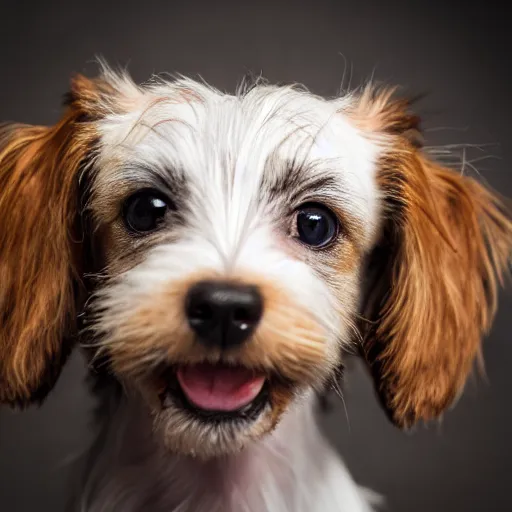 Image similar to a high quality photograph of a scruffy wire haired jack russell terrier puppy, white with chocolate brown spots, brown patches over both eyes. friendly, curious expression.