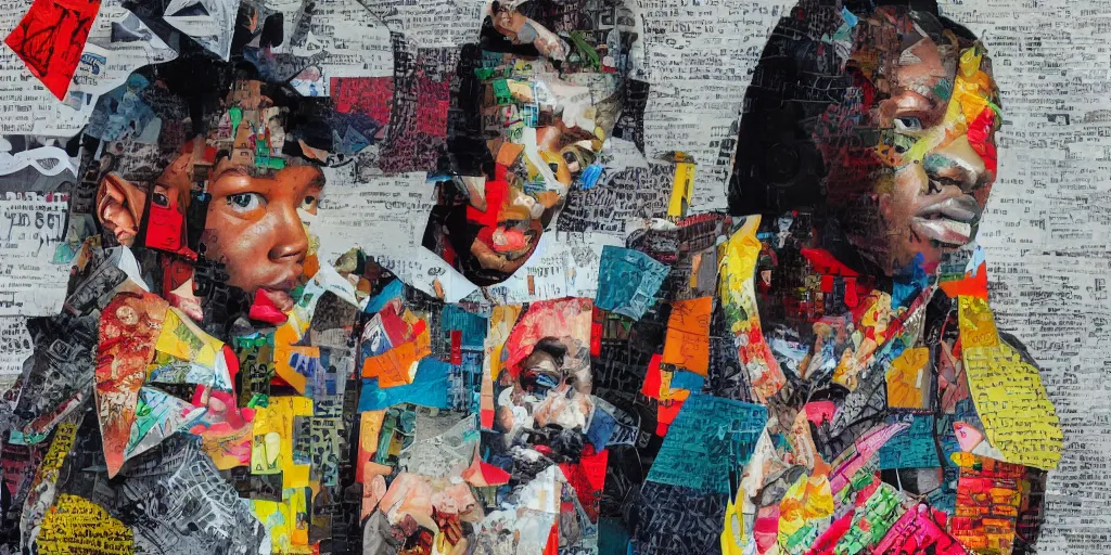 Prompt: 9 0 s hip - hop fashion, collage paper and tape, acrylic on canvas and hyperrealism mixed with collage, high resolution, cinematic, unreal 6, breathtaking detailed, by peter bankov