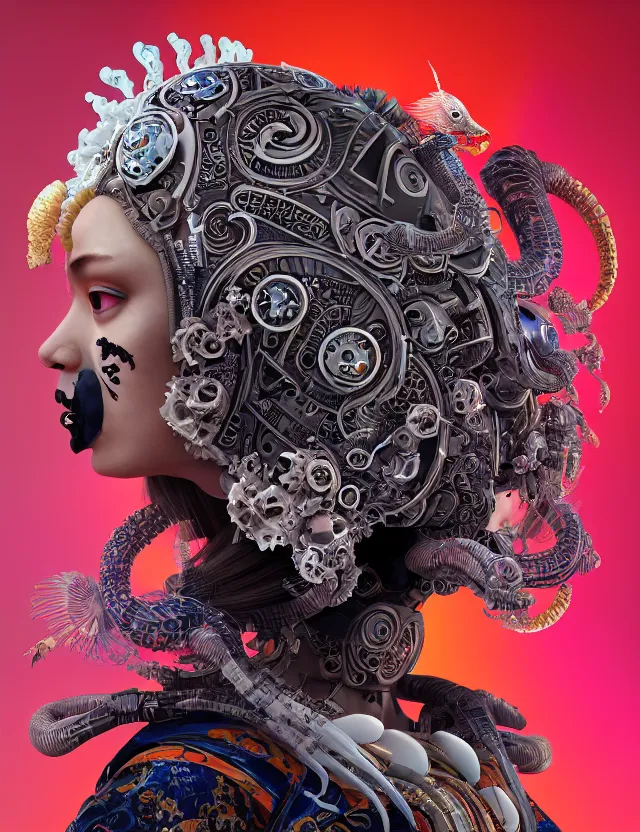 Image similar to 3 d goddess cyborg close - up profile portrait with ram skull. beautiful intricately detailed japanese crow kitsune mask and clasical japanese kimono. betta fish, jellyfish phoenix, bio luminescent, plasma, ice, water, wind, creature, artwork by tooth wu and wlop and beeple and greg rutkowski