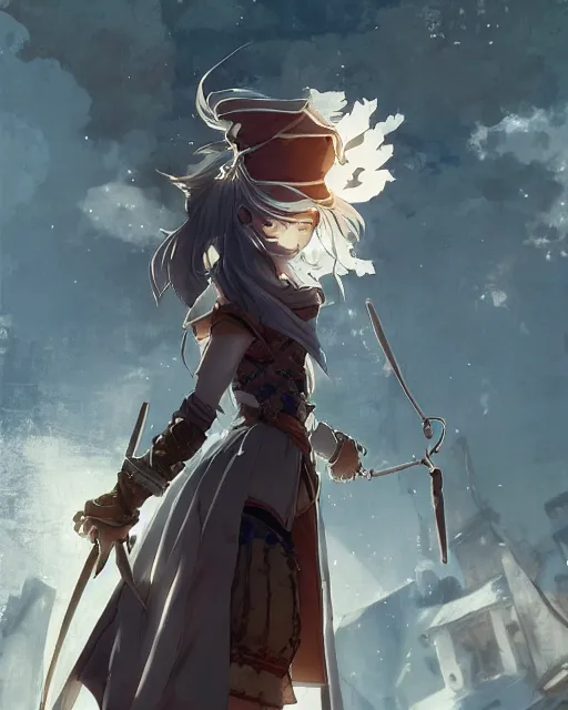 Image similar to pixiv, key anime visual portrait of a young female walking through a medieval village, dynamic pose, dynamic perspective, cinematic, dramatic lighting, detailed silhouette, film grain, yoshitaka amano, tending on artstation, face by yoh yoshinari, detailed, intricate