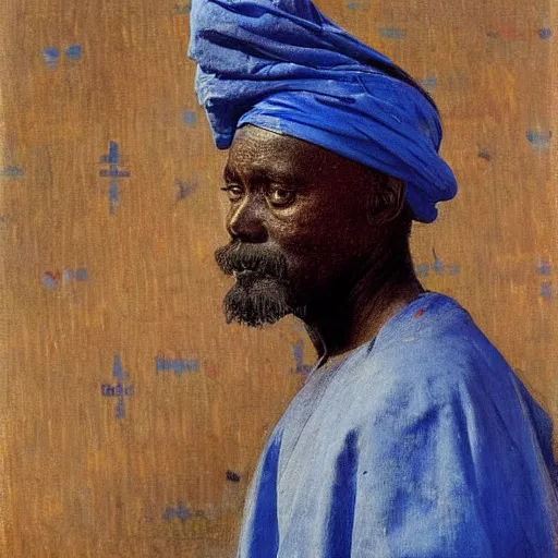 Image similar to king of dahomey in blue robes, 1905, highly detailed, oil on canvas, by ilya repin