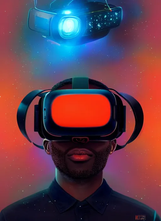 Prompt: black floating in space wearing a vr headset, urban attire, three dimensional holographic displays and laser keyboard, cinematic and dramatic, highly detailed, electric orange glowing lights, digital painting, artstation, concept art, smooth, sharp focus, illustration, art by wlop, uang guangjian and gil elvgren and sachin teng and greg rutkowski