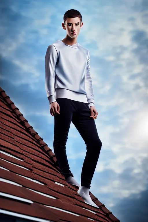 Image similar to un ultra high definition studio quality photographic art portrait of a young man standing on the rooftop of a british apartment building wearing soft padded silver pearlescent clothing. three point light. extremely detailed. golden ratio, ray tracing, volumetric light, shallow depth of field. set dressed.