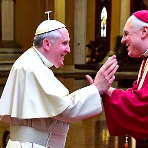 Prompt: two catholic popes perform their ancient greeting ritual