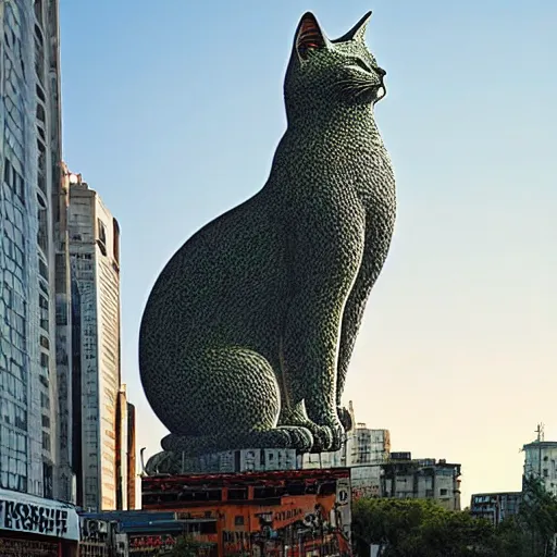 Image similar to a giant cat statue in a city, by moebius