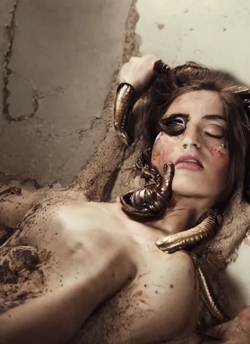 Image similar to movie still of a beautiful woman slumped against a wall unconscious with a alien facehugger on her face, cinematic full shot.