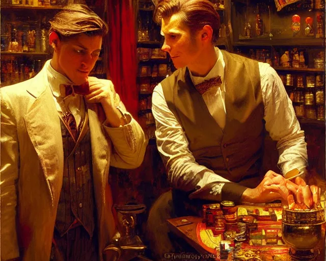 Image similar to attractive magician man, in magic shop. highly detailed painting by gaston bussiere, craig mullins, j. c. leyendecker 8 k