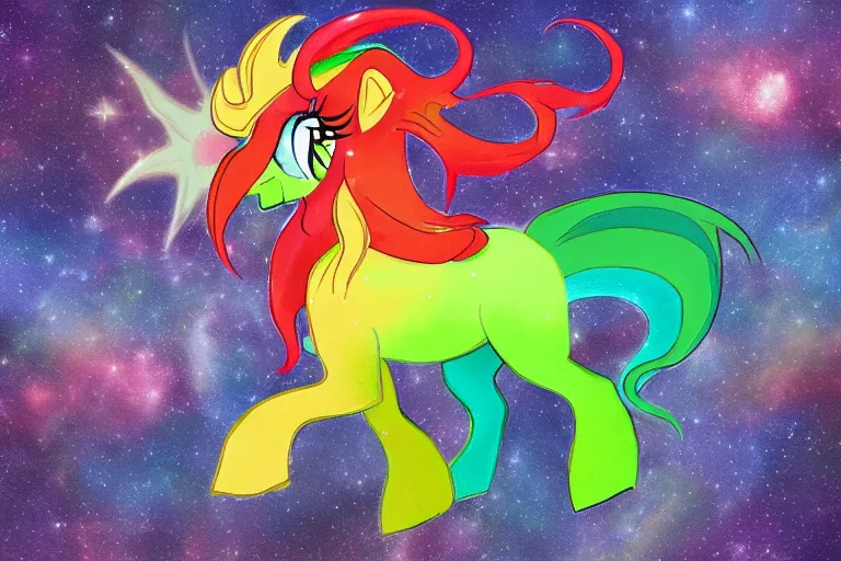 Image similar to Cthulhu-style rainbow pony in the universe