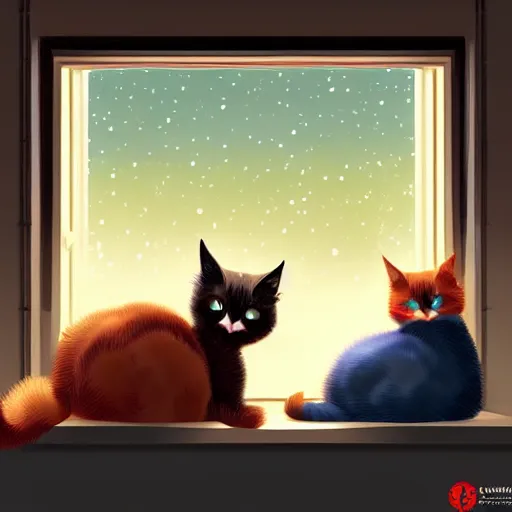 Image similar to two cute multi - colored calico cats sleeping inside a cozy home in the evening, stars shining in the night sky through the window,, artstation, cgsociety, storybook art