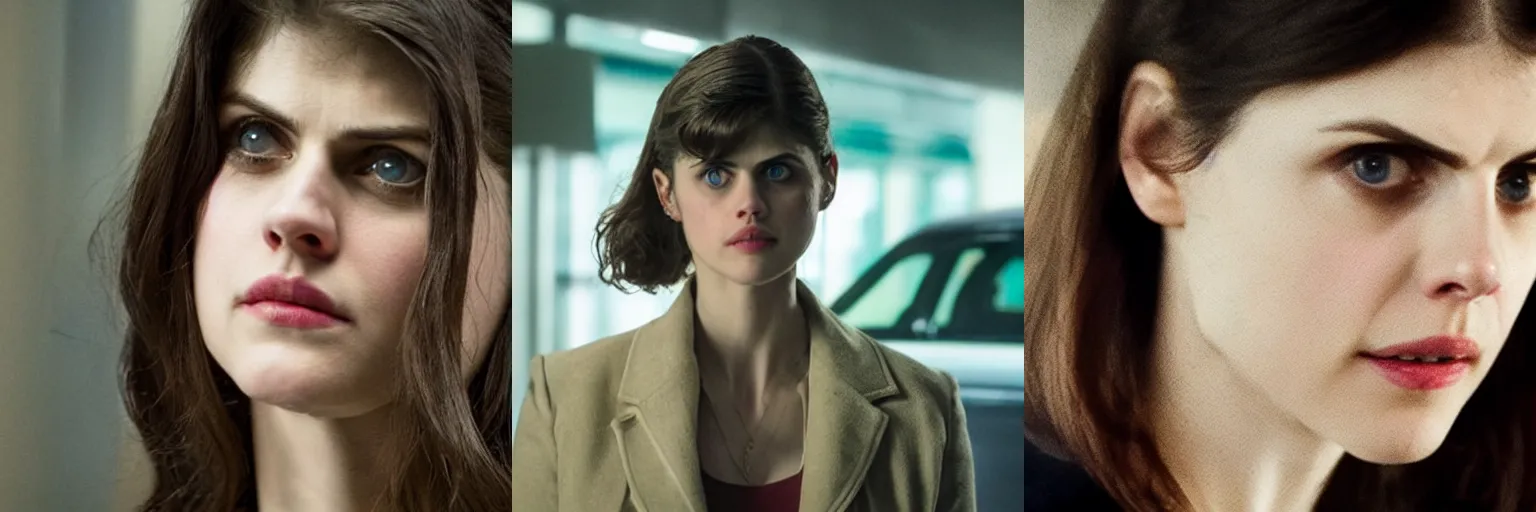 Prompt: close-up of Alexandra Daddario as a detective in a movie directed by Christopher Nolan, movie still frame, promotional image, imax 70 mm footage