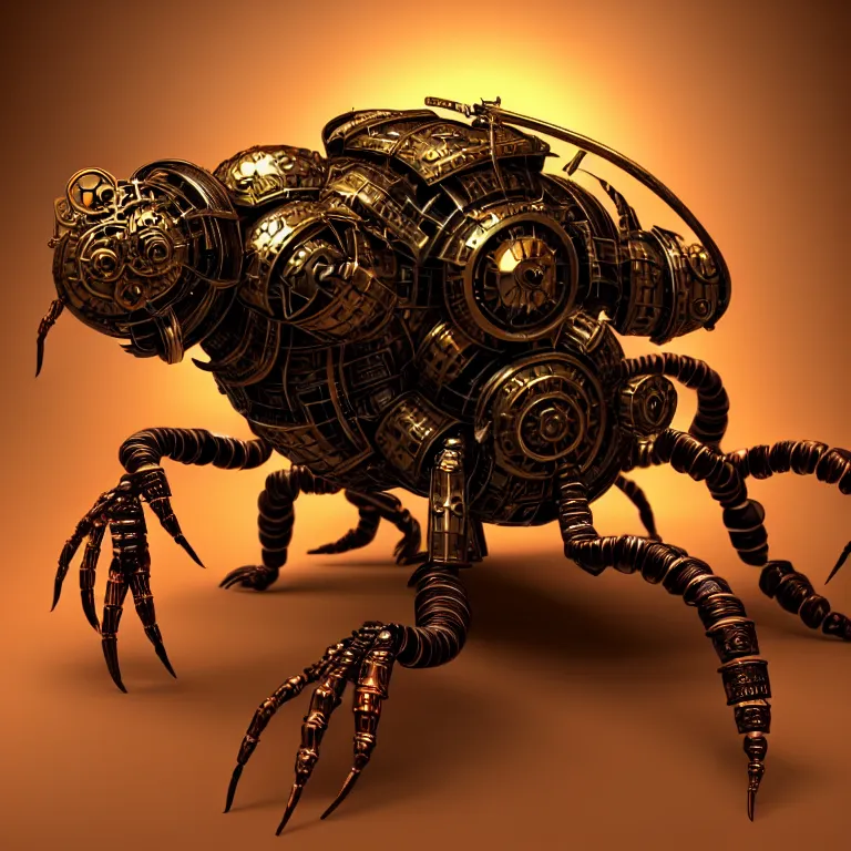 Prompt: steampunk robot scorpion, 3 d model, unreal engine realistic render, 8 k, micro detail, intricate, elegant, highly detailed, centered, digital painting, artstation, smooth, sharp focus, illustration, artgerm, wlop