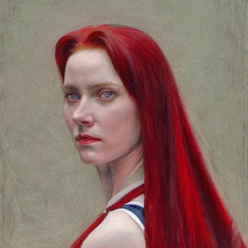 Image similar to portrait of a woman wearing white and red, by donato giancola