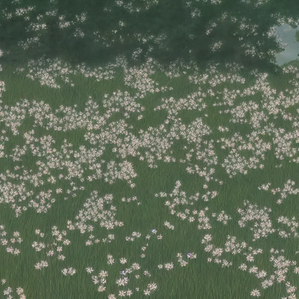 Image similar to film still of a field of delicate dainty blossoms, makoto shinkai, cinematic lighting, sunny, highly detailed, hand drawn, intricate, illuminated, 8k