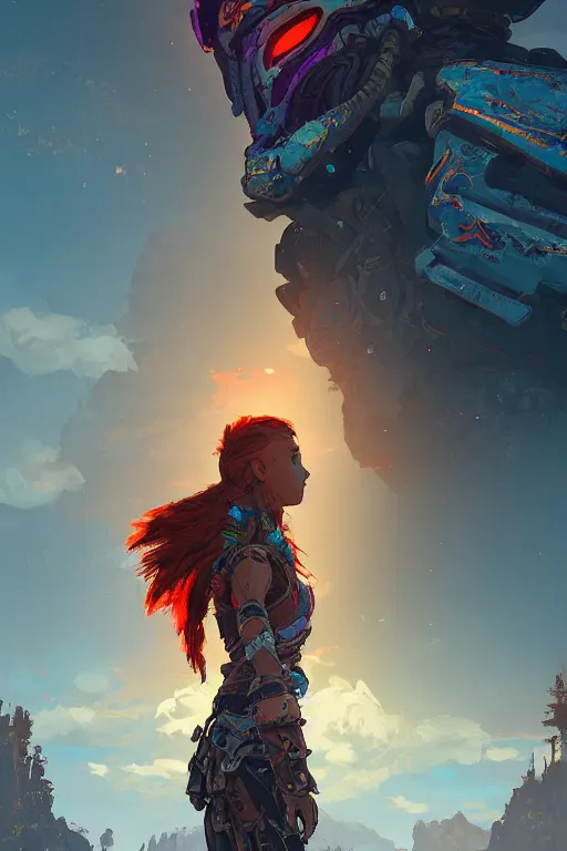 Image similar to combination suit armor aloy horizon forbidden west horizon zero dawn radiating a glowing aura global illumination ray tracing hdr fanart arstation by ian pesty and alena aenami artworks in 4 k tribal robot ninja mask helmet backpack