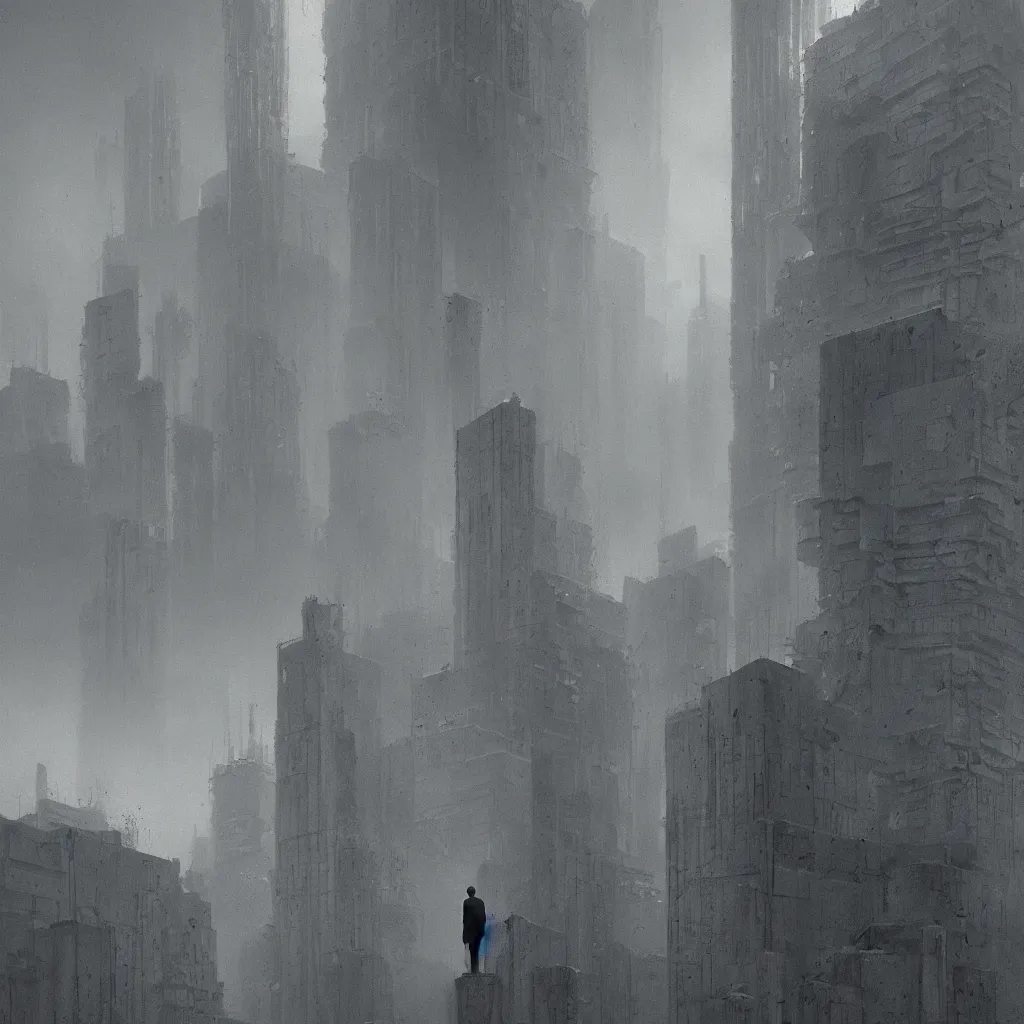 Prompt: a man lost in the middle of concrete detailed brutalist massive symmetriical skyscraper buildings russian architecture, detailed, soft lights, by moebius and zdzislaw beksinski