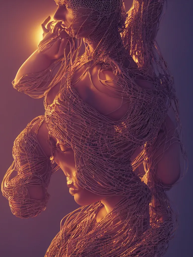 Image similar to a centered render of an alluring mystical tribal goddess adorned with cables and synthesizer parts is surrounded by sacred geometry, full body, gorgeous face, perfect face, powerful, cinematic, beautifully lit, by viktoria gavrilenko, 3 d, trending on artstation, octane render, 8 k