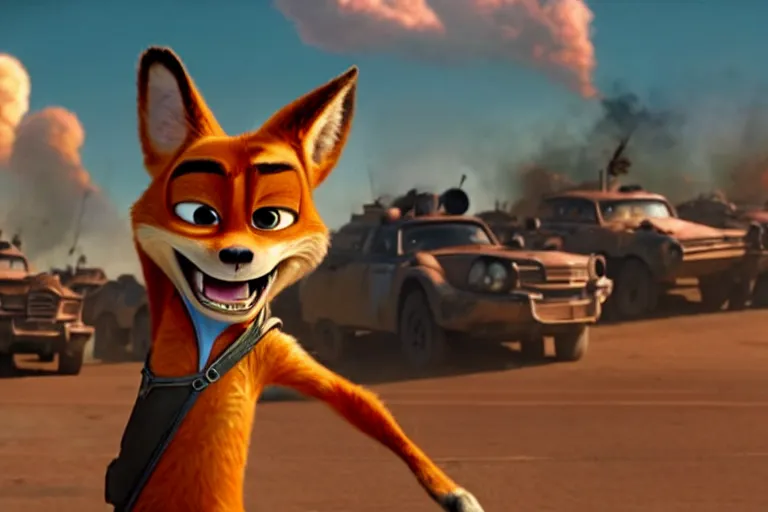 Image similar to nick wilde ( from zootopia ), heavily armed and armored facing down armageddon in a dark and gritty reboot from the makers of mad max : fury road : witness me