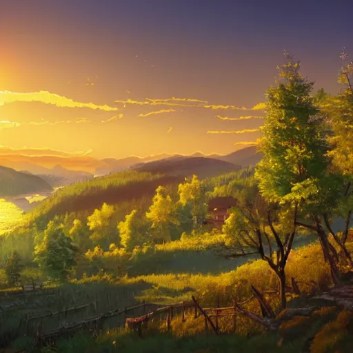 Image similar to a masterpiece detailed beautiful landscape of russian village, trees, lake, mountains, golden hour, sunset, by Makoto Shinkai