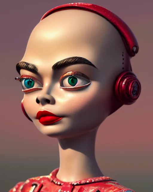 Image similar to highly detailed closeup, face profile portrait of a tin toy retro 1 9 5 0 s cara delevingne, bikini, unreal engine, nicoletta ceccoli, mark ryden, earl norem, lostfish, global illumination, detailed and intricate environment