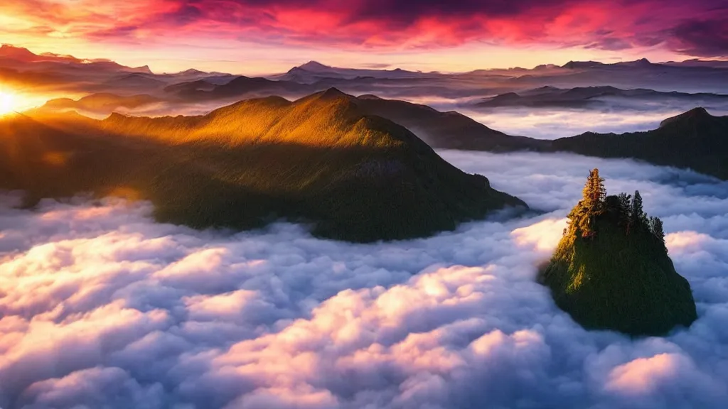 Image similar to amazing landscape photo of a flying island above a lake, above the sky, above clouds, in sunset by marc adamus, beautiful dramatic lighting