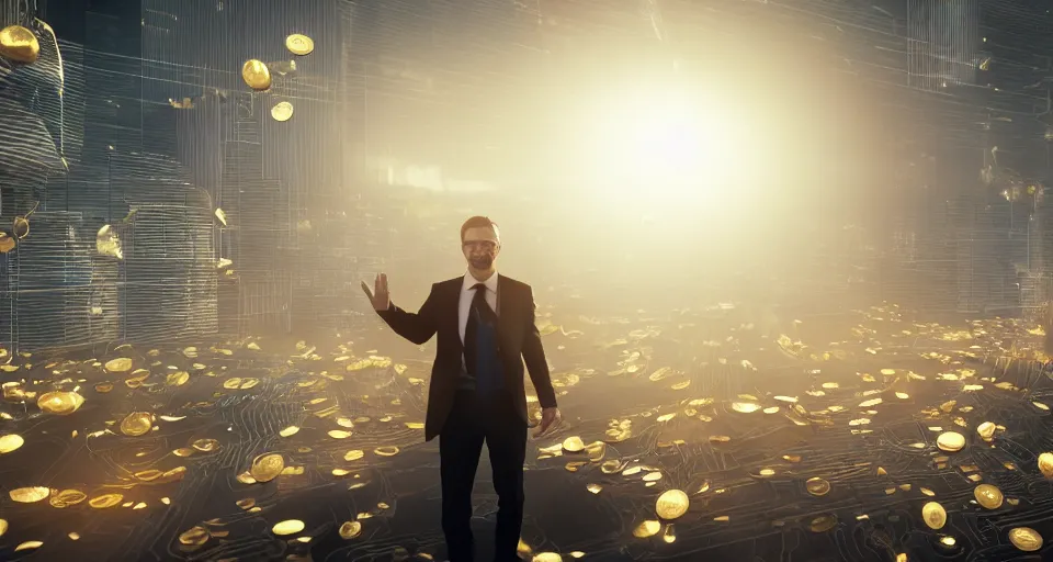 Image similar to Dramatic photo of a CEO waving to a large group of his coworkers in a futuristic office. Golden coins are levitating all around them. 8k, high detail, trending on Artstation, volumetric lighting, cyberpunk