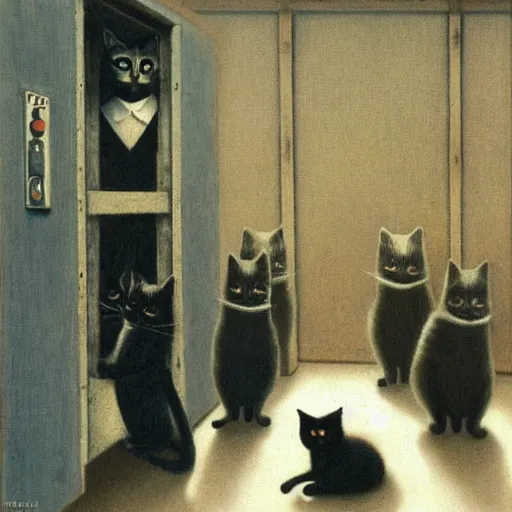 Prompt: many cats wearing masks lined up outside a guard booth by michael sowa.