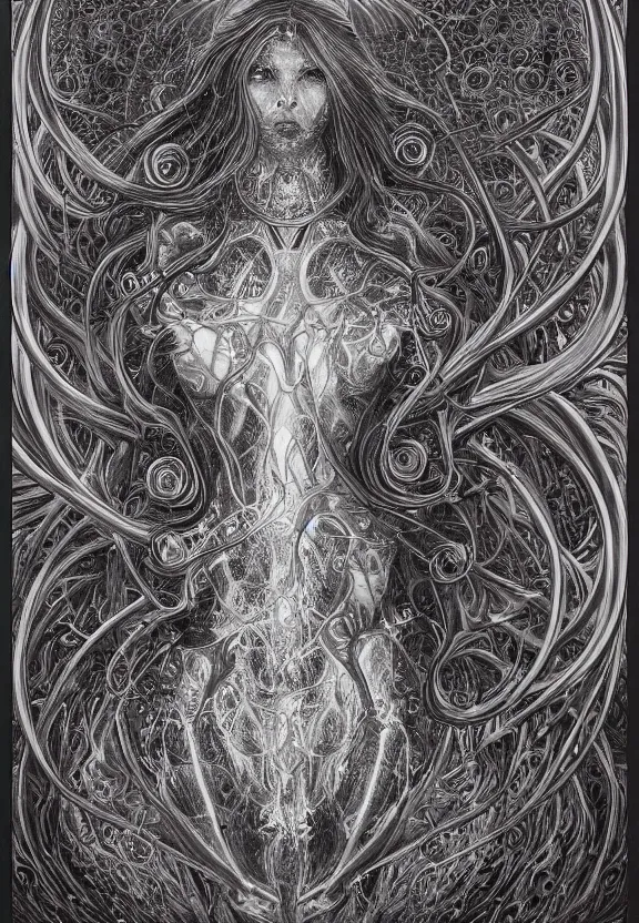 Prompt: perfectly centered portrait front view of a beautiful biomechanical moon goddess, flowing hair, intense stare, sweet smile, symmetrical, concept art, intricate detail, volumetric shadows and lighting, realistic oil painting by alex grey and gustave dore,