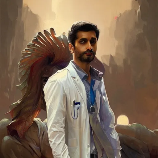 Image similar to Anxious good looking pale young Indian doctors wearing American clothes at the airport, portrait, elegant, intricate, digital painting, artstation, concept art, smooth, sharp focus, illustration, art by artgerm and greg rutkowski and alphonse mucha