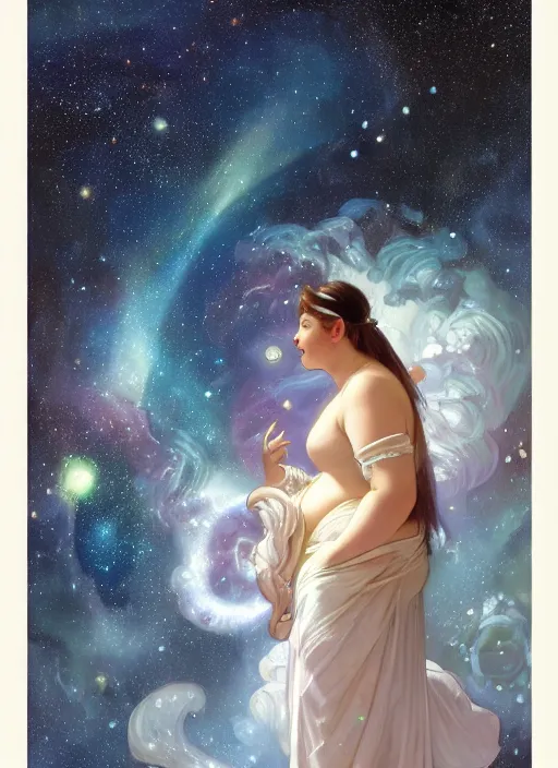 Image similar to a chubby woman with pointed ears, wearing a white sundress, and a swirling sparkling cloud galaxy nebula for hair, realistic painting by ross tran and gerald brom and alphonse mucha, artgerm, trending on artstation