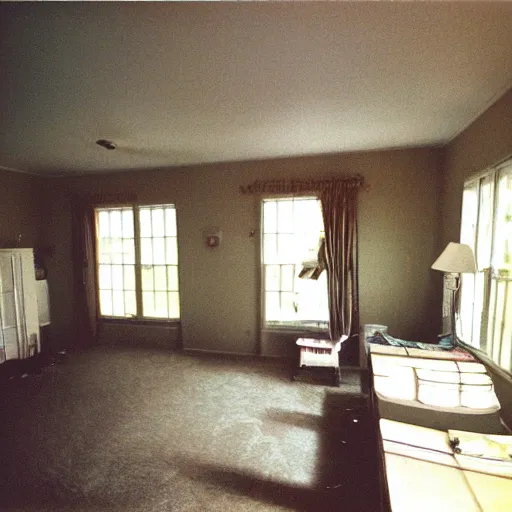 Prompt: a strange high flash photo of an empty suburban home, 2 0 0 6, taken with a disposable camera