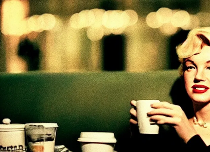 Image similar to A close-up, color cinema film still of a marlin monroe drinking coffee at a starbucks, ambient lighting at night, from Matrix(1999).