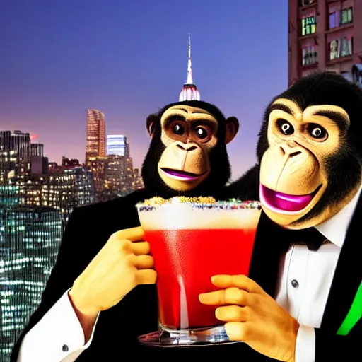 Prompt: two apes dressed in suits posing in front of camera drinking a cocktail on a fancy new york roof top, extreme wide angle cinematic shot, fancy night club lights, red and green, in the style of pixar