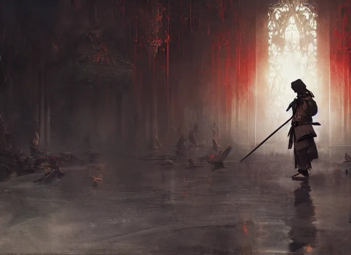 Image similar to samurai is on his knees, there is chaos around, volumetric lighting, digital painting, highly detailed, artstation, sharp focus, illustration, concept art, ruan jia, steve mccurry, amazing composition, gothic arch frame