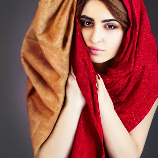 Prompt: portrait of a majestic Iranian young woman wearing a red shawl with long blonde hair, photorealist, 4k, DSLR Photograph