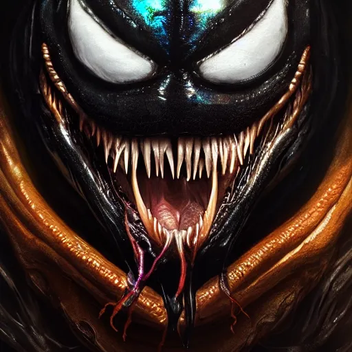 Image similar to portrait of venom, intricate artwork, concept art, octane render, deviantart, cinematic, key art, hyperrealism, iridescent accents, portrait photograph, nikon 3 5 mm, photograph by greg rutkowski