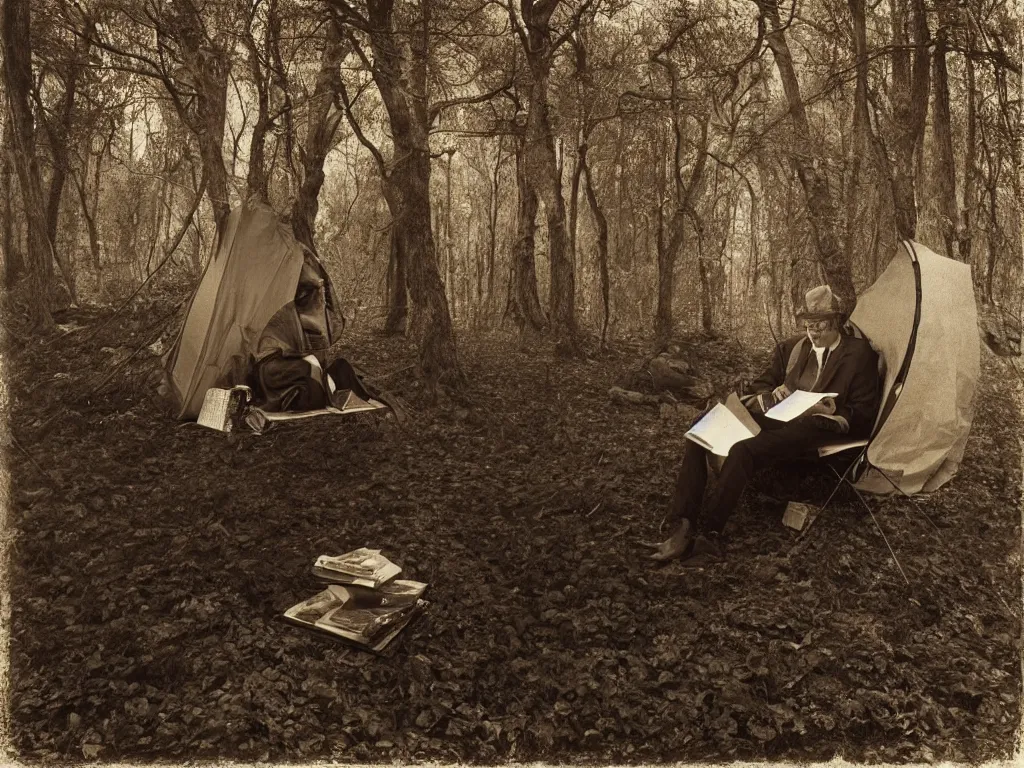 Prompt: portrait of a man with eye glasses reading in a tent in the forest. plane in the sky far away. artwork by irving penn