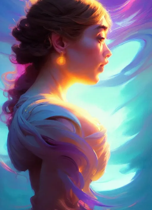 Prompt: side portrait, imogen poots, paladin, gloomhaven, soft, smooth, luminescent, colorful swirly ripples, gaudy colors, 8 k, by greg manchess, huang guangjian, gil elvgren, sachin teng, greg rutkowski, jesper ejsing, rhads, ilya kuvshinov, cushart krenz