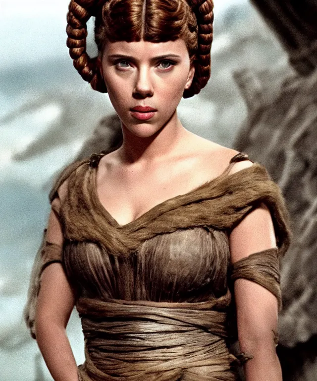 Image similar to Scarlett Johansson wearing slave outfit, starring as princess Leia in Star Wars Return of the Jedi, cinematic portrait, marine background