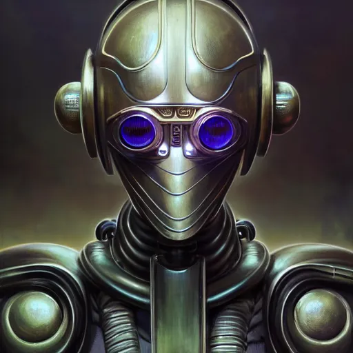 Image similar to front shot of a cyberpunk gazmask robot character, intricate, elegant, highly detailed, centered, digital painting, artstation, concept art, smooth, sharp focus, illustration, artgerm, Tomasz Alen Kopera, Peter Mohrbacher, donato giancola, Joseph Christian Leyendecker, WLOP, Boris Vallejo