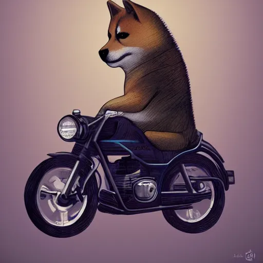 Prompt: shiba inu riding a motorcycle, digital art, 4 k, trending on artstation