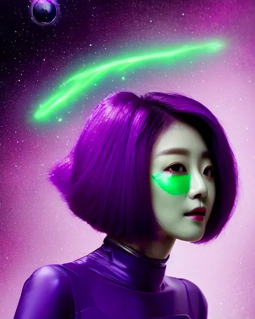 Image similar to photos of beautiful actress HoYeon Jung with Purple colored skin makeup as the purple skinned Green Lantern soranik natu as she soars thru outer space, HoYeon Jung, photogenic, purple skin, short black pixie like hair, particle effects, photography, studio lighting, cinematic